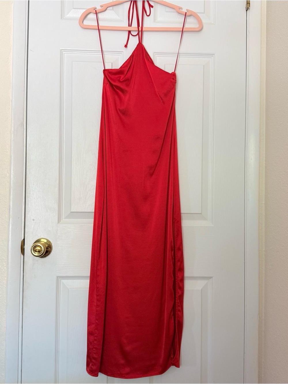 Zara Red Satin Halter Midi Dress Backless Side Slit Size S